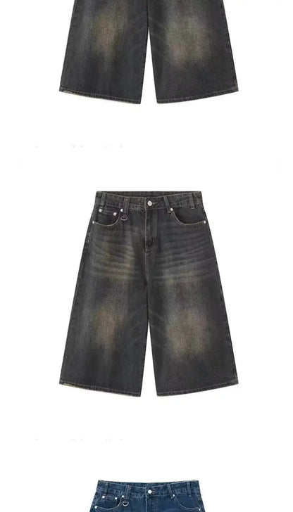 Retro Y2k Baggy  Women Men  Black Jeans Low Waist Casual Wide Pants Frayed Denim Shorts Big Size Clothes
