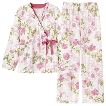 Spring Autumn V-Neck Pajamas Female Pajamas Sets Elegant Floral Japanese Kimonos For Women Big Yards M-4XL Cotton