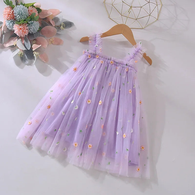 Hot New Baby Girl clothes High Quality Flower Embroidery Halter Mesh Little Girls Dress Cute Baby Dress Sweet Princess Frock