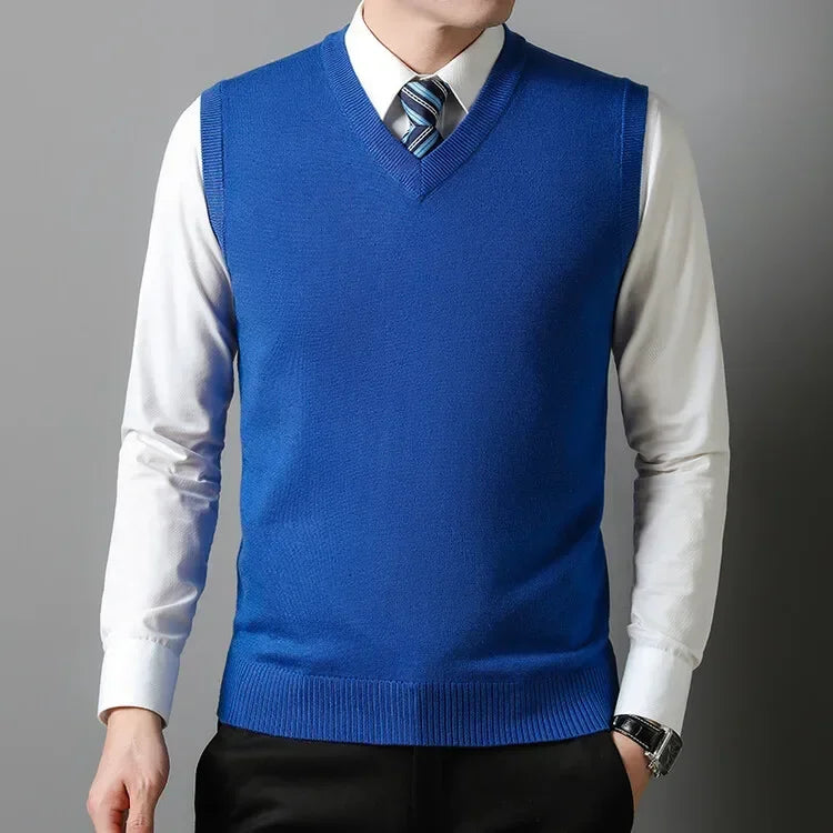 New Men's Autumn High-end Sweater Vest V-neck Warm Knit Sleeveless Men's Clothes Pullover Tops