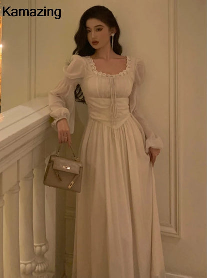 Elegant Square Collar Lace Dress Princess Evening Party Midi Dresses Women Autumn High Waist A-line Prom Robe One Piece Vestidos