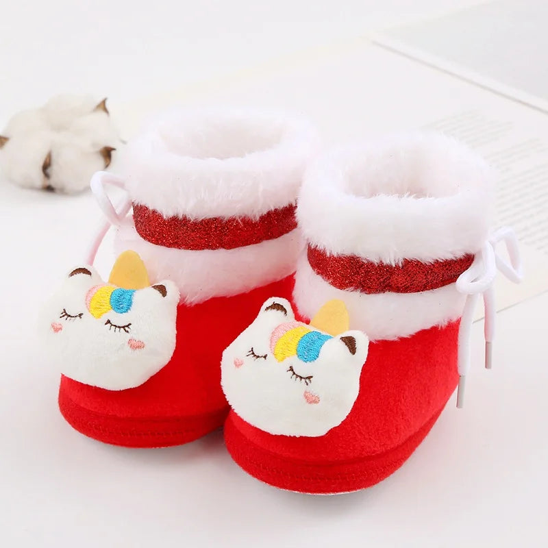 Baywell Cute Cartoon Animal Newborn Baby Boots Winter Plush Snow Booties for Boy Girl Soft Soled Comfortable Warming Shoes