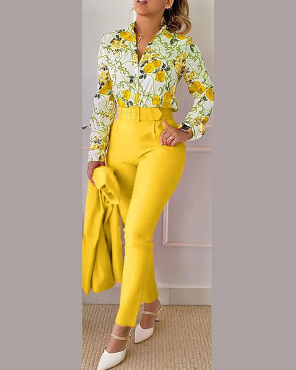 Elegant Women Printed Two Piece Suit Sets Spring Autumn V Neck Long Sleeve Shirt Top & Long Pants Set With Belt Workwear Outfits