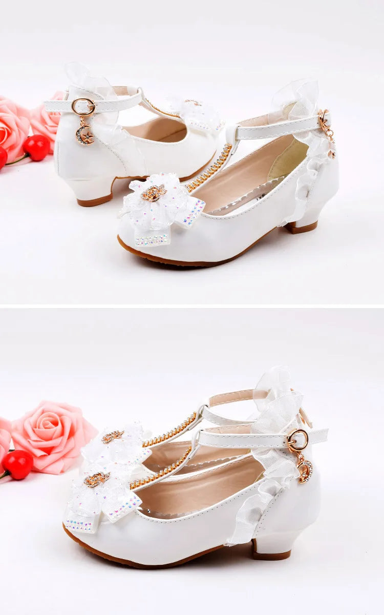 Children's Leather Shoes Girls High Heels White Princess Shoes Spring Autumn Kids Crystal Bow Party Student Performance Shoes