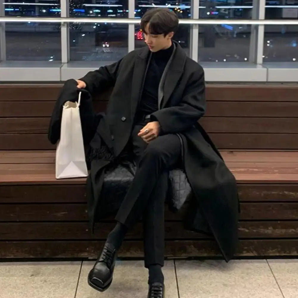 Korean Trend Men's Loose Casual Single-breasted Overcoat Autumn Winter Fashion New Long Sleeve Woolen Long Coat