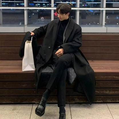 Korean Trend Men's Loose Casual Single-breasted Overcoat Autumn Winter Fashion New Long Sleeve Woolen Long Coat