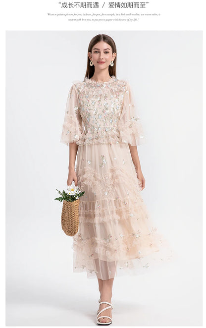 Runway Luxury Long Dresses Women 2025 Summer Holiday Embroidery Flower Ruffles Midi Party Evening Dress Lady Prom Vestidos