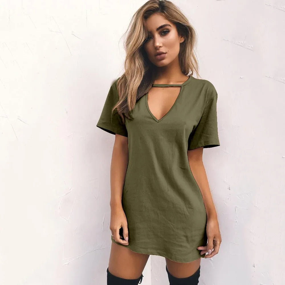 Summer Sexy Mini Black Dress 2025 V Neck Cut Out Loose Dress Women Elegant Short Sleeve Club Party Dress Solid Color Streetwear
