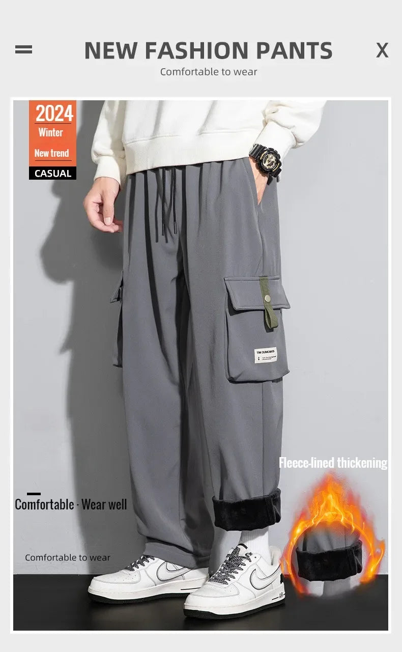 2025 Cargo Pants Men Straight Fit Wide Leg Fleece Lined Trouser Male Winter Fashion Loose Baggy Large Plus Size Warm Streetwear