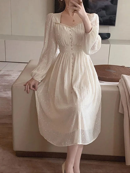 2025 Summer New Women Fashion Elegant White Midi Dresses Vintage Princess Female Party A Line Clothes Prom Robe Vestdios