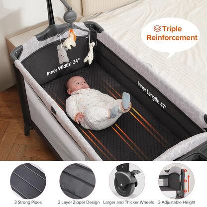 4 in 1 Wide Baby Bassinet Bedside with Diaper Changer, Long Next to Bed Crib with Mattress, Sheet, Music and Blackout Cover, Playpen