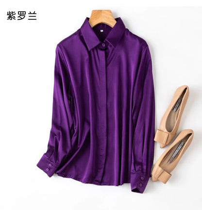 Tajiyane Women's 93% Mulberry Silk 7% Spandex 19 momme satin Silk Buttons long sleeve shirt Top Blouse office work chemise femme