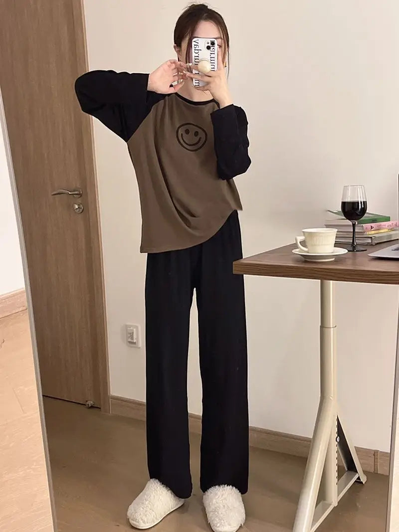 Women Spring Autumn Pajamas Set Female Solid Long-sleeved Pant Home Clothing Simple Loose Casual Smile Face Print Sleepwear XXL