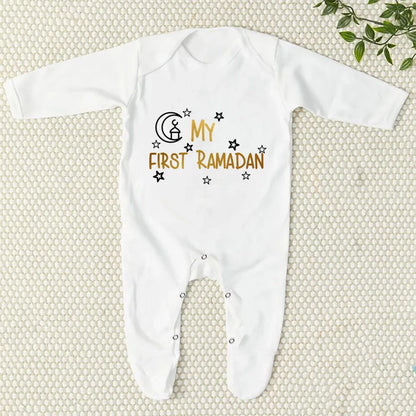 My First Eid/Ramadan Print Baby Sleepsuit Newborn Bodysuit Infant Long Sleeve Romper Ramadan Islamic Muslim Baby Keepsake Outfit