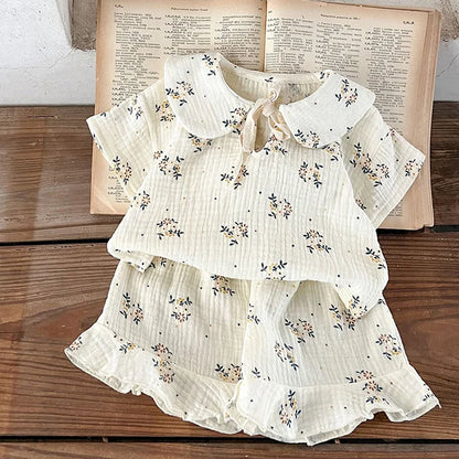 Korean Style Children Clothing Set Short Sleeved Cotton Printed T-Shirt+ Shorts Newborn Baby Girls Clothing Suit For Summer