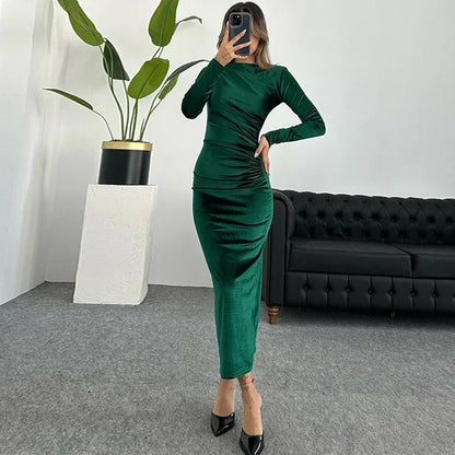 BWQ 2025 Spring Summer Velvet Long Sleeve Midi Dress For Women Ruched Long Dress Elegant Party Clothes Evening Green Outfits
