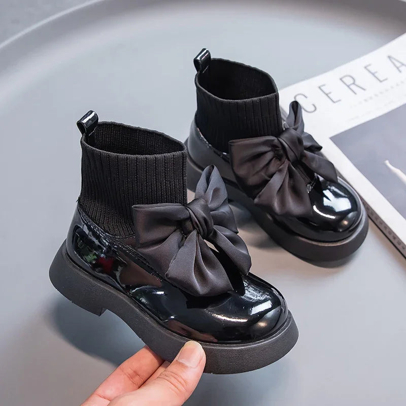 Children's Boots Fashion PU Solid Black Bow Girls Uniform 2025 Spring and Autumn New Kids Fashion Flying Knit School Socks Shoes