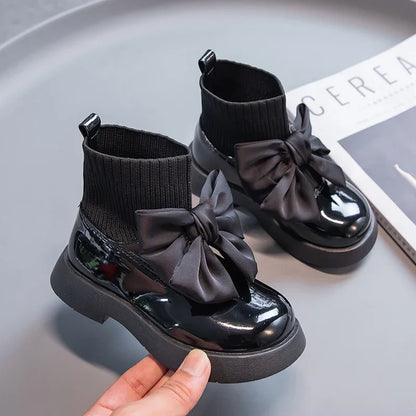 Children's Boots Fashion PU Solid Black Bow Girls Uniform 2025 Spring and Autumn New Kids Fashion Flying Knit School Socks Shoes