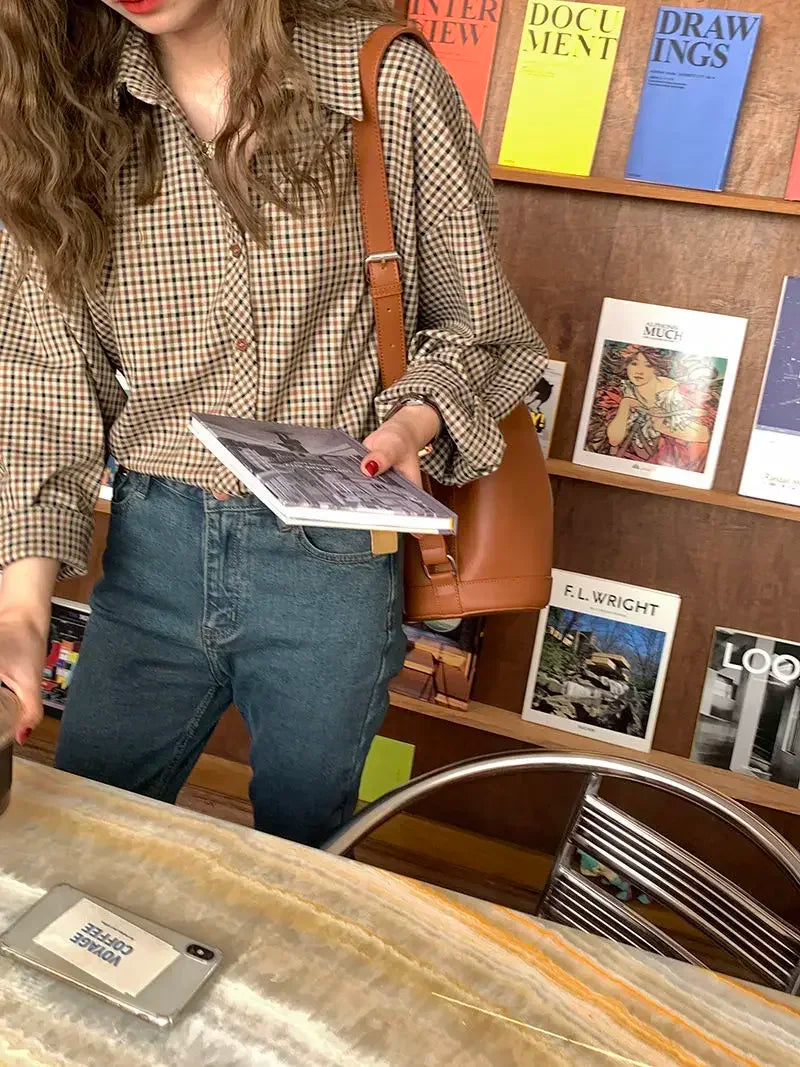 Plaid Shirts Women Retro Turn-down Collar Blouses All-match Straight Hong Kong Style Button Up Elegant Long Sleeve Outwear Femme