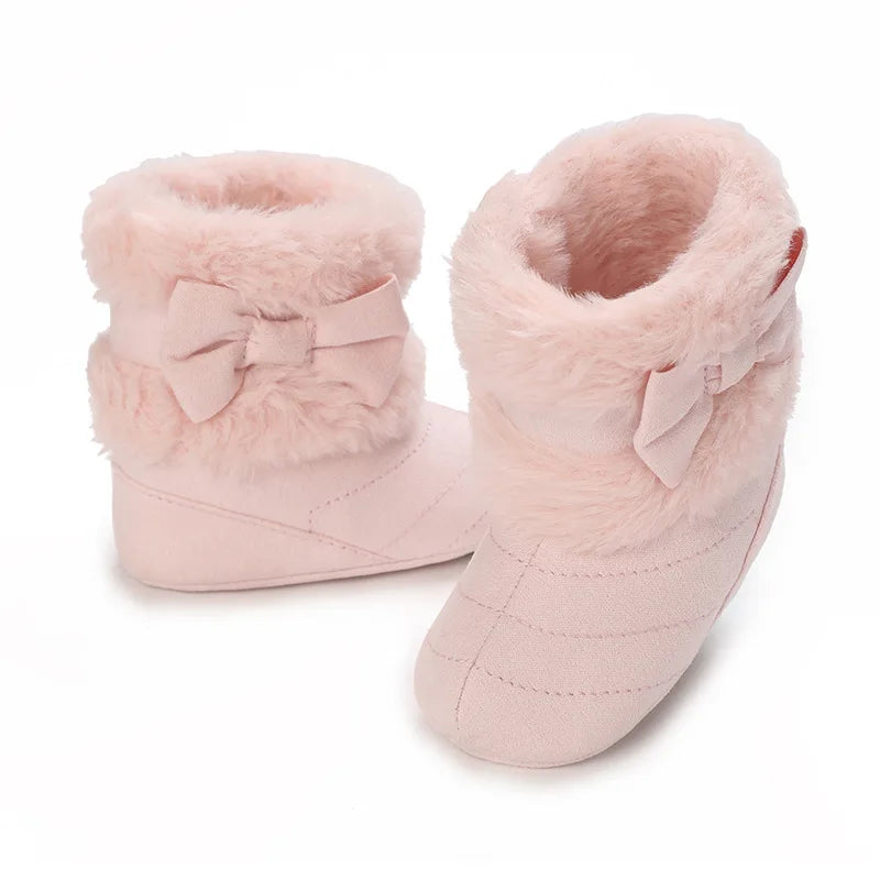 Baby Girl Boots Cute Bowknot Crib Shoes Infant Winter Warm Plush Boots First Walker Shoes with Non-Skid Soles