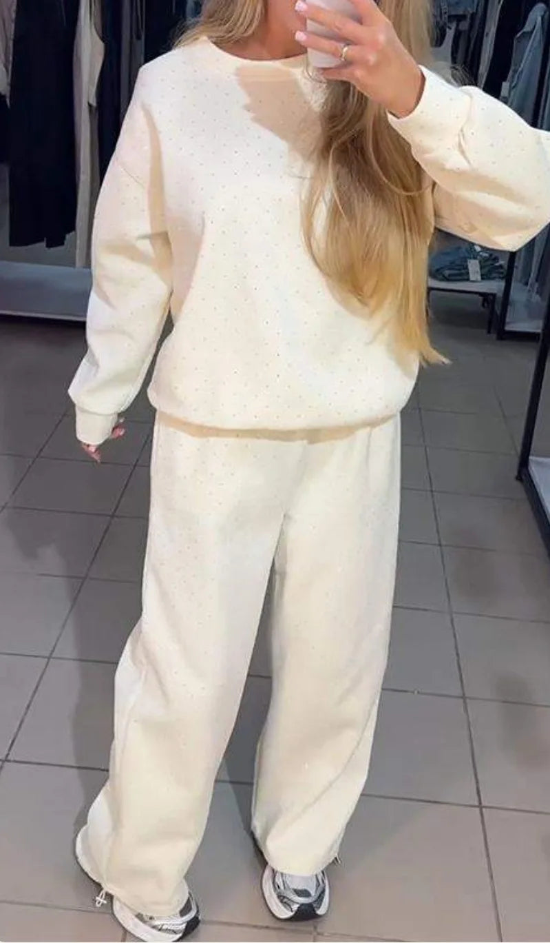 Women's Pants Suit Autumn New O-neck Hot Diamond Long-sleeved T-shirt Drawstring Sweatpants Fashionable Ladies 2-piece Sets