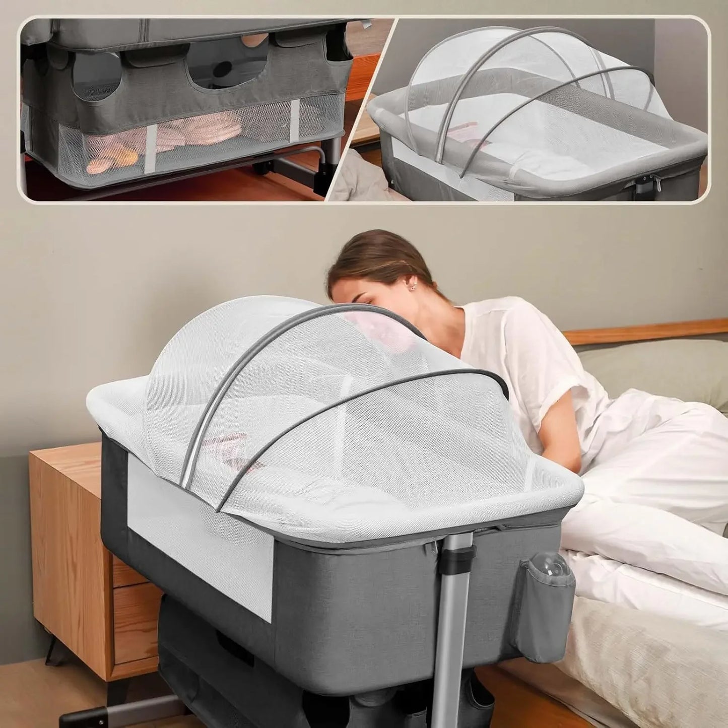 3 in 1 Baby Crib Adjustable Portable Bed for Infant, Baby Bassinet with Mosquito net Baby Newborn Must Have Bed, Grey