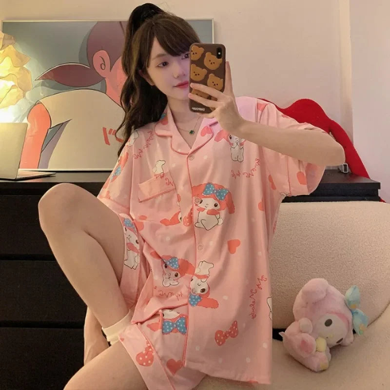 Plus Size Ins Cartoon Pajamas Set Korean Student Summer Internet Celebrity Girl Short Sleeve Shorts Thin Loose Home wear