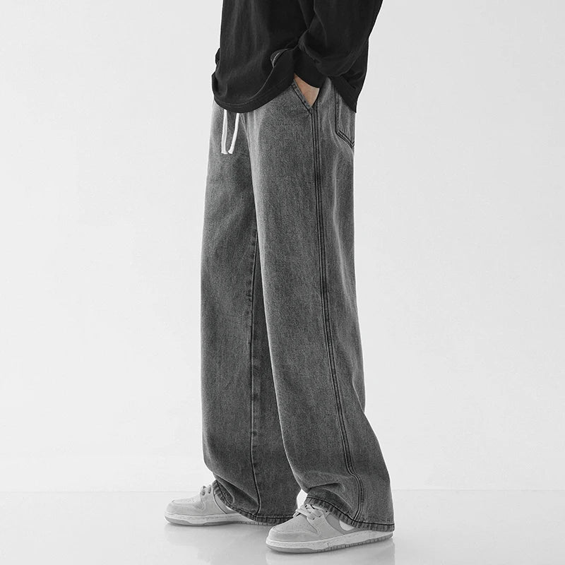 Spring Men Baggy Washed Jeans Drawstring Wide Leg Cargo Denim Pants Fashion Casual Trousers Male Designer Clothing Blue Black