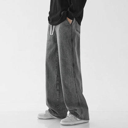 Spring Men Baggy Washed Jeans Drawstring Wide Leg Cargo Denim Pants Fashion Casual Trousers Male Designer Clothing Blue Black