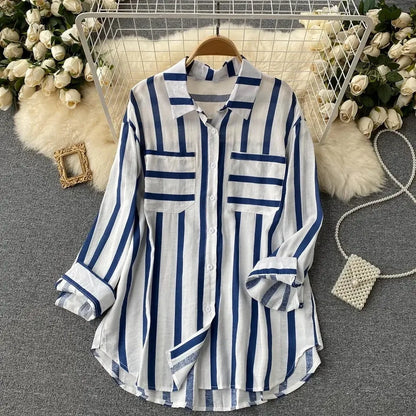 Spring Summer Striped Blouse Fashion Turn-down Collar Long Sleeve Button Top Casual Shirt Female Holiday Loose Tops Shirts New
