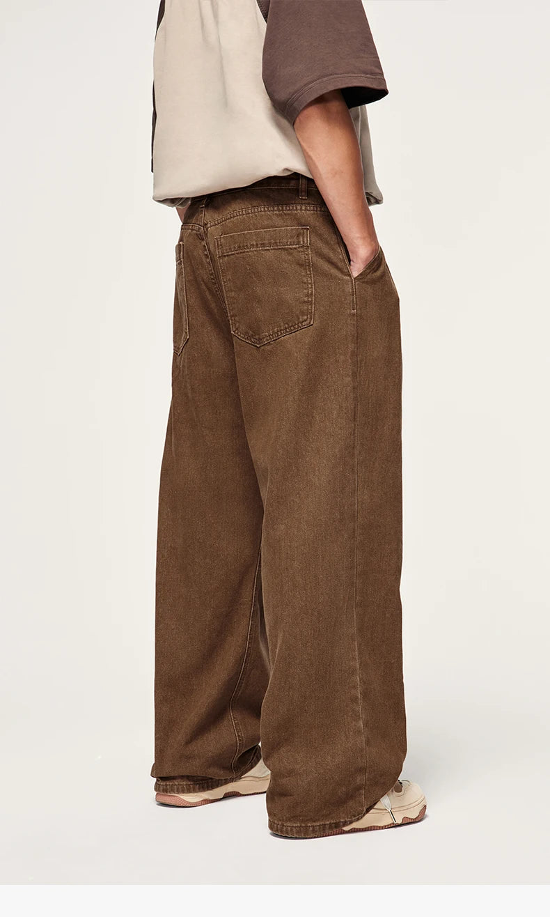 INFLATION Brown Retro Washed Denim Pants Unisex Classic Straight Leg Jeans Male Trouser Plus Size