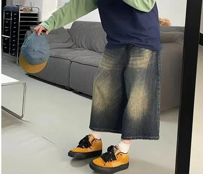 Retro Y2k Baggy  Women Men  Black Jeans Low Waist Casual Wide Pants Frayed Denim Shorts Big Size Clothes