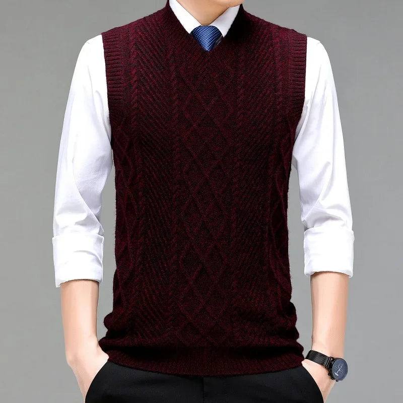 Stylish V-neck Jacquard Knit Sleeveless Sweater Vest for Men Middle-aged Men Fashion Solid Color Warm Top