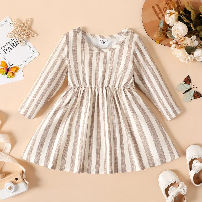 Pat Pat Newborn Dresses Baby Girl Clothes New Born Babies Kids Birthday Party Dress Ribbed Striped Long-sleeve Overalls Children