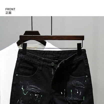 Fashion Summer New Casual Denim Jeans Knee Length Shorts for Men Black Cowboy Low Rise Ripped Holes Boyfriend Men's Denim Shorts