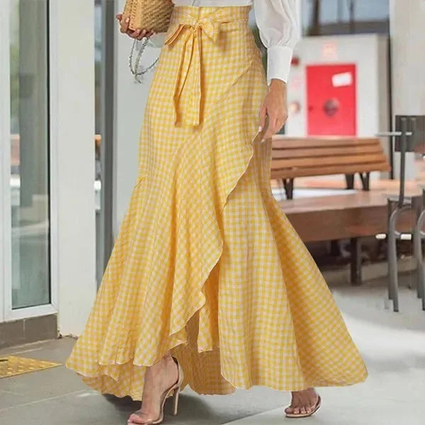 Spring Autumn Women Long Skirt High Waist Lace-up Ruffle Trim Plaid Print Bow Tie Irregular Hem Maxi Skirt Female 2025 New