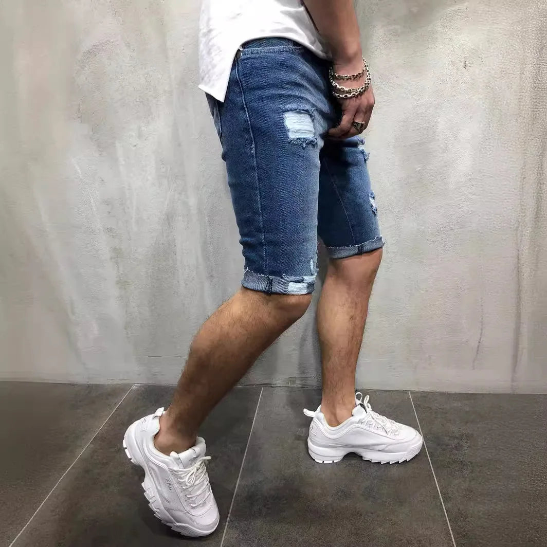 Summer Ripped Jeans Skinny Denim Shorts for Men with Distressed Ripped Cat Whiskers Hip Hop Streetwear Short Pants Men's Pants