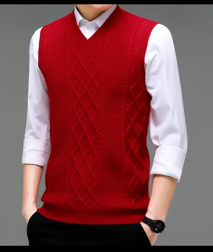 Stylish V-neck Jacquard Knit Sleeveless Sweater Vest for Men Middle-aged Men Fashion Solid Color Warm Top