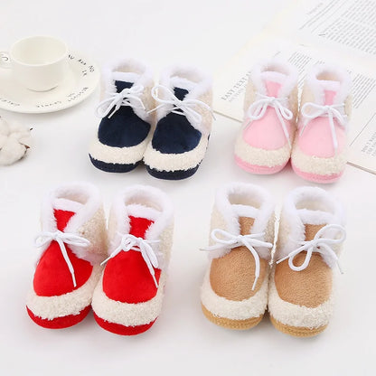 Korean Style Patchwork Plush Baby Shoes - Soft Sole, Cotton Padded, Lace-up Snow Boots for Adorable Boys and Girls 0-18M