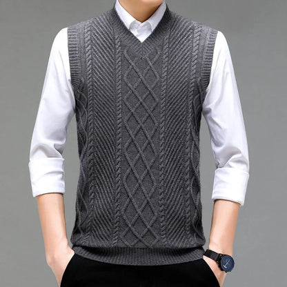 Stylish V-neck Jacquard Knit Sleeveless Sweater Vest for Men Middle-aged Men Fashion Solid Color Warm Top