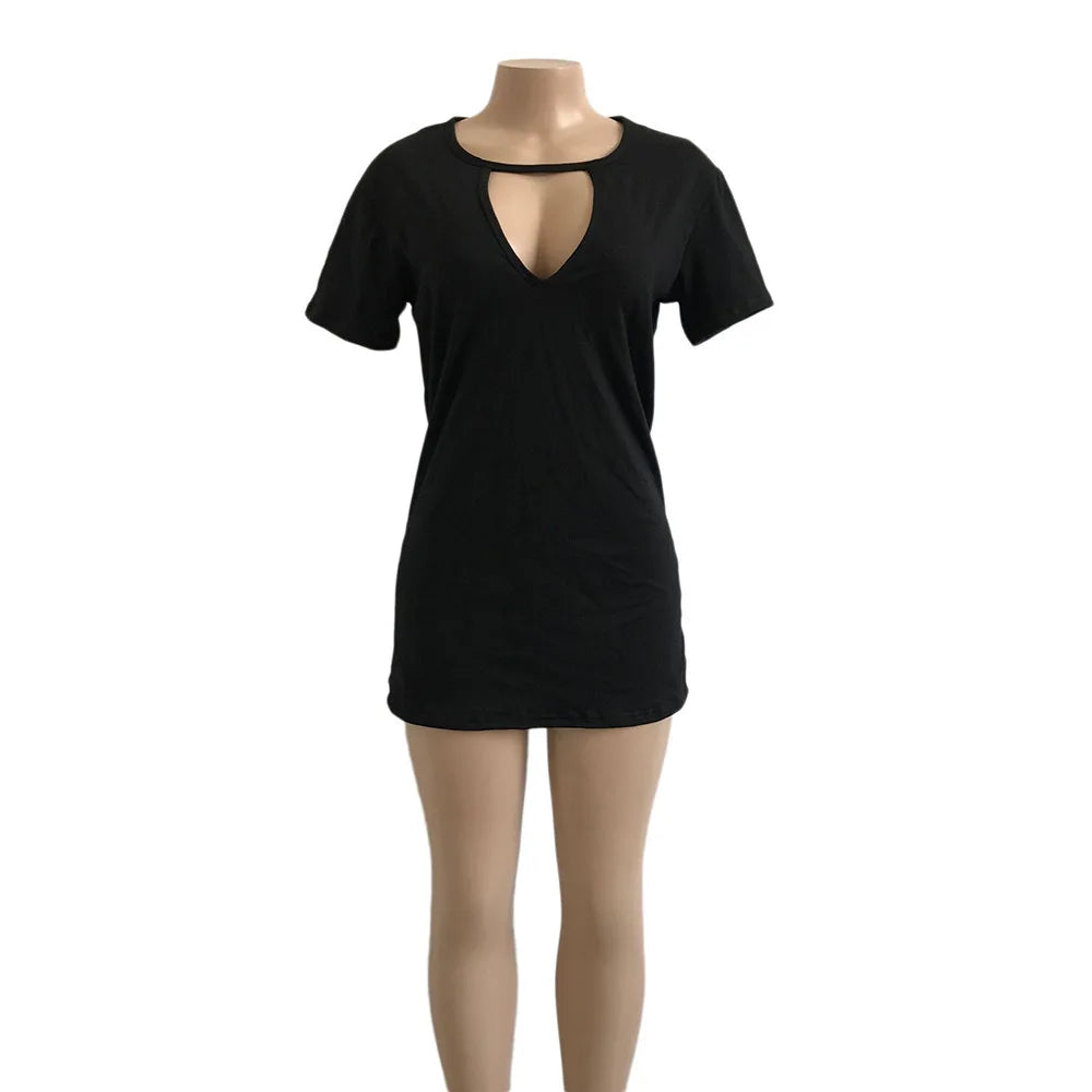 Summer Sexy Mini Black Dress 2025 V Neck Cut Out Loose Dress Women Elegant Short Sleeve Club Party Dress Solid Color Streetwear