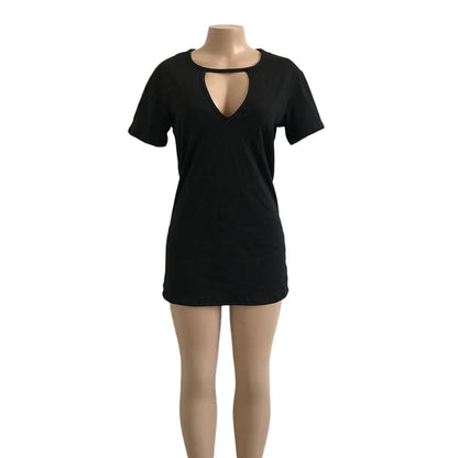 Summer Sexy Mini Black Dress 2025 V Neck Cut Out Loose Dress Women Elegant Short Sleeve Club Party Dress Solid Color Streetwear