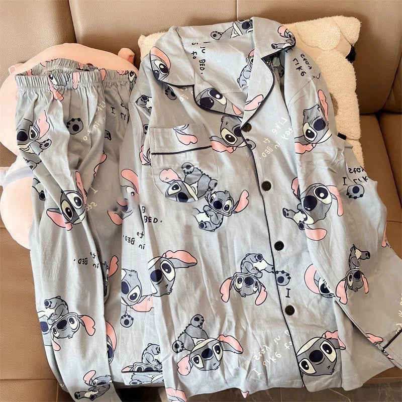 Cartoon Stitch Long Sleeved Sleepwear Pajama Sets Women's New Lazy Style Home Clothes Can Be Worn Outside Women's Pajamas Set