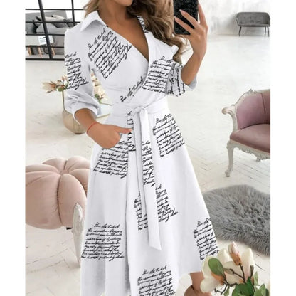 Office Women Casual Sashes A-Line Wrap Summer Dress 2025 Print Long Sleeve V-Neck Dress Pocket Elegant Midi Party Dress Vestidos
