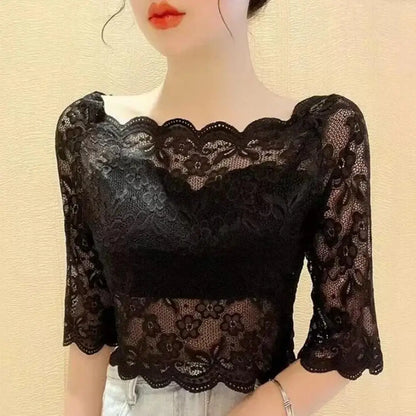 Women Lace Tops Summer Cropped Tops One-word Collar Half Sleeve Blouse Floral Plaid Sheer Sexy Top Embroidery Lace Pullover Tops