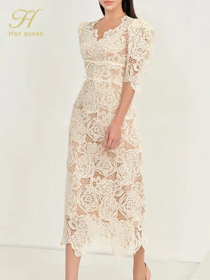 Queen Summer Dresses Korean Retro High Waist Vestidos Elegant Fashion Slim Midi Hollow Out Office Party Casual Lace Dress