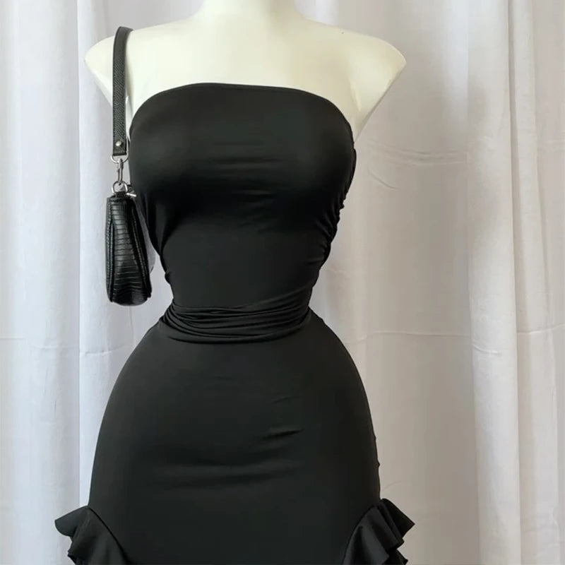 Women Strapless Sexy Floral Fold Hemline High Slit Mini Dress 2025 Solid Backless Sleeveless Black And Pink Party Dress Vestidos