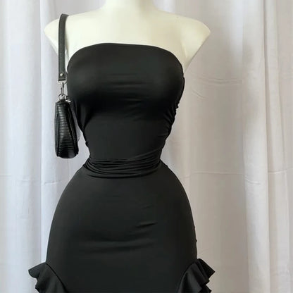 Women Strapless Sexy Floral Fold Hemline High Slit Mini Dress 2025 Solid Backless Sleeveless Black And Pink Party Dress Vestidos