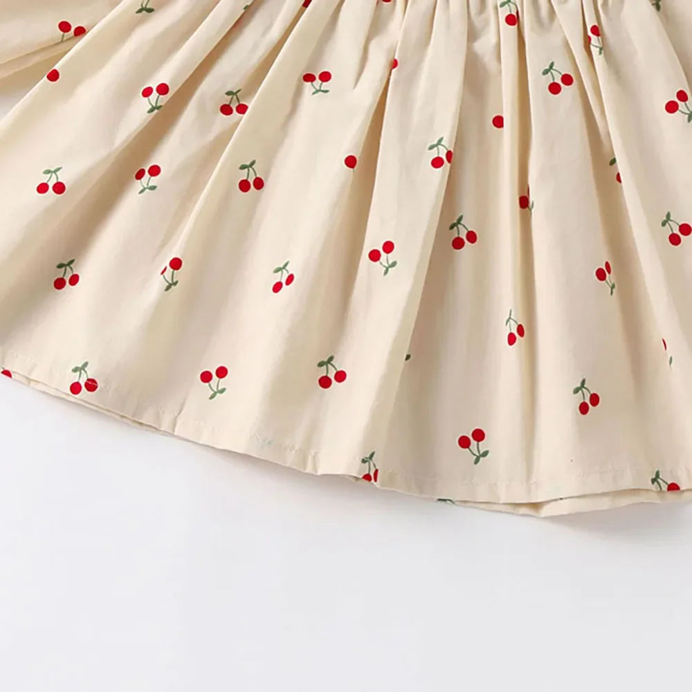 0-2Y Baby Girls Clothes Full Of Cherry Print Baby Dress Long Sleeve Cherry Dresses Ranched Dress with Hat