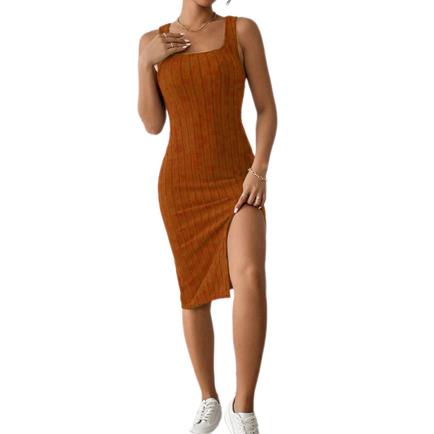 Solid Color Square Neckline Dress Elegant Square Neck Knitted Midi Dress for Women Solid Color Party Commute Dress with Short